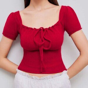 Cider NWT Women's Size 4XL Red Short Puff Sleeve Tie Front Knit Peasant Sweater